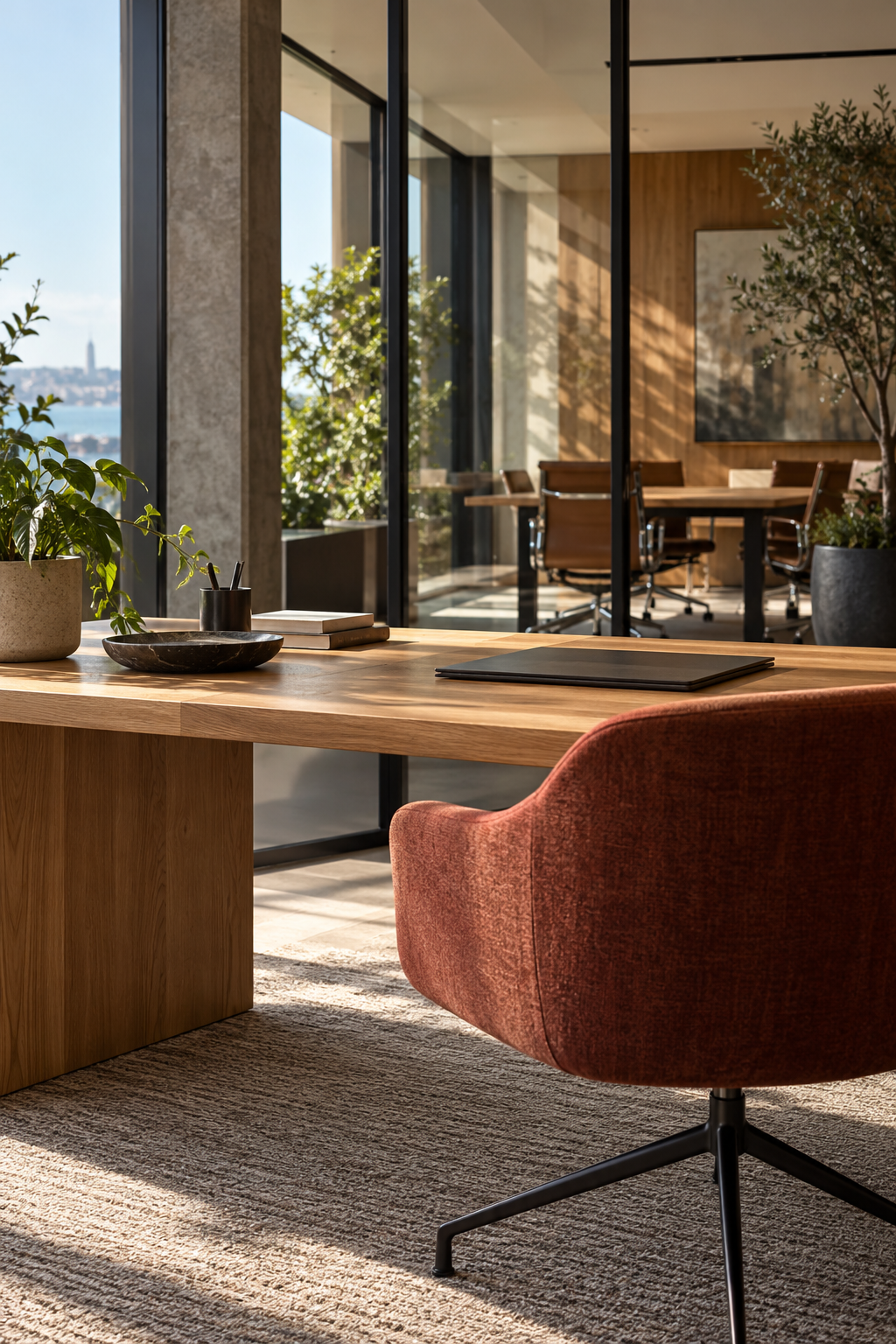 Sunlit contemporary office with oak furniture