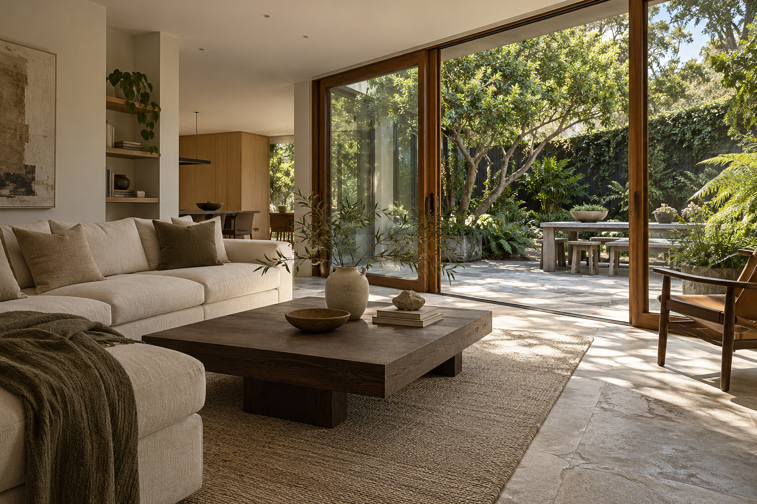 Light-filled living room opening onto a garden courtyard