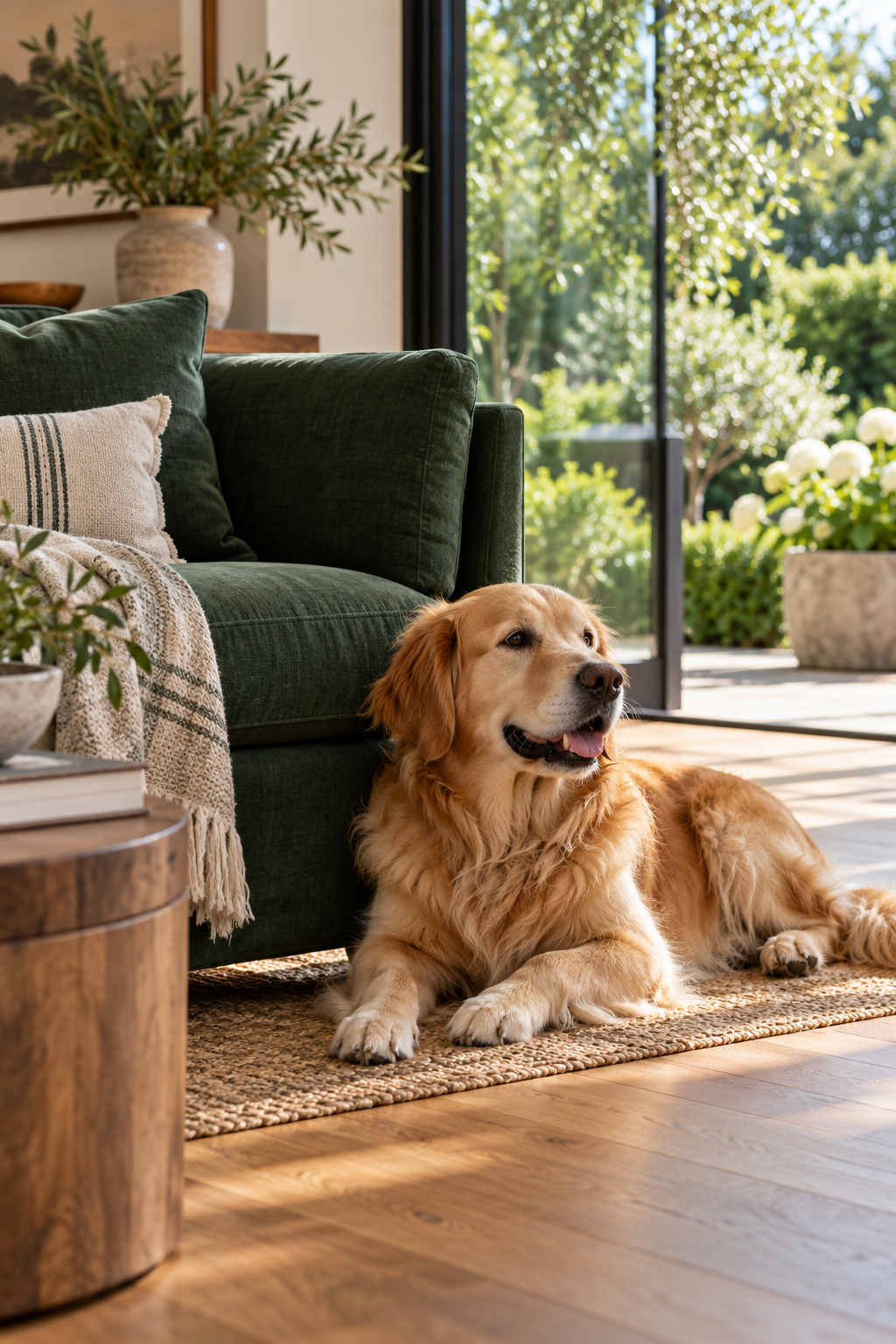 Golden retriever beside a green armchair
